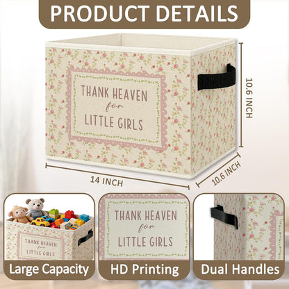 Pink Floral Girl Nursery Foldable Storage Bins Box with Handles, Thank Heaven for Little Girls Floral Collapsible Organizer Basket for Girl Nursery Room Bedroom Bathroom Clothes Books