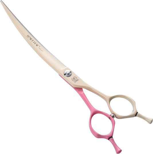 Curved Dog Grooming Scissors with Coating 440C Stainless Steel, 7 inch Professional Curved Shears Dog Grooming，25 Degree of Curved Blade，Pet Shears for Trimming Face and Paws, Pink & White
