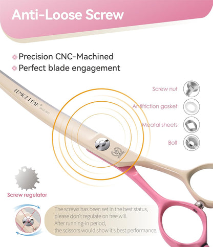 Curved Dog Grooming Scissors with Coating 440C Stainless Steel, 7 inch Professional Curved Shears Dog Grooming，25 Degree of Curved Blade，Pet Shears for Trimming Face and Paws, Pink & White