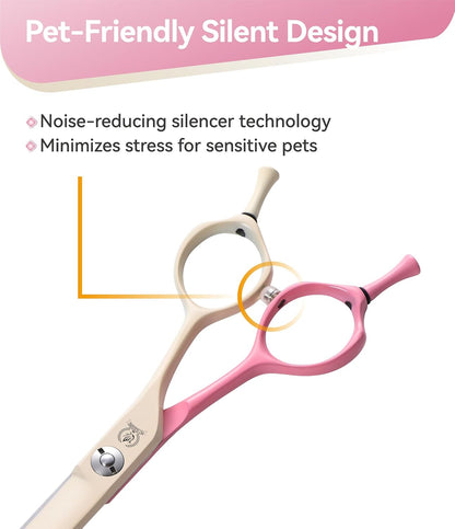 Curved Dog Grooming Scissors with Coating 440C Stainless Steel, 7 inch Professional Curved Shears Dog Grooming，25 Degree of Curved Blade，Pet Shears for Trimming Face and Paws, Pink & White
