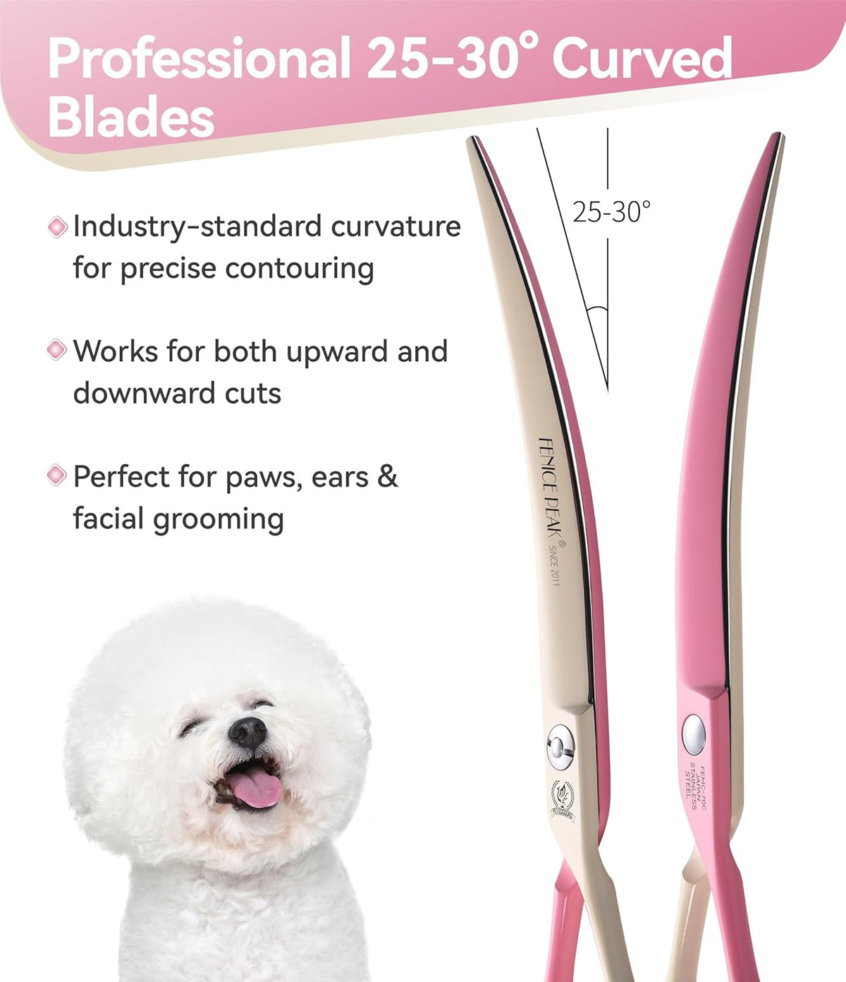 Curved Dog Grooming Scissors with Coating 440C Stainless Steel, 7 inch Professional Curved Shears Dog Grooming，25 Degree of Curved Blade，Pet Shears for Trimming Face and Paws, Pink & White