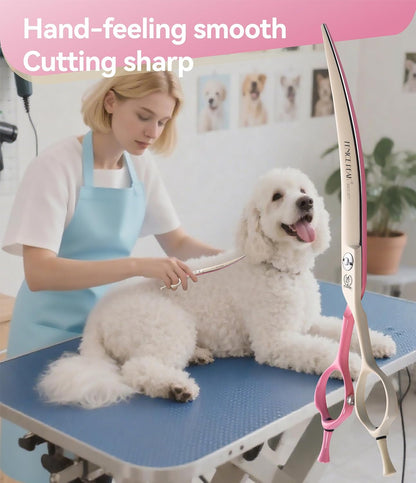 Curved Dog Grooming Scissors with Coating 440C Stainless Steel, 7 inch Professional Curved Shears Dog Grooming，25 Degree of Curved Blade，Pet Shears for Trimming Face and Paws, Pink & White
