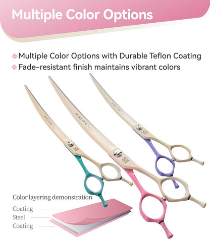 Curved Dog Grooming Scissors with Coating 440C Stainless Steel, 7 inch Professional Curved Shears Dog Grooming，25 Degree of Curved Blade，Pet Shears for Trimming Face and Paws, Pink & White