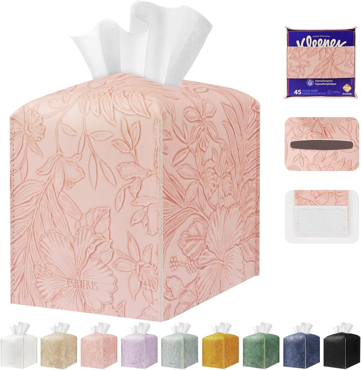 Tissue Box Holder Cover Square Tissue Cube Cover PU Leather Tissue Organizer with Bottom Belt for Bathroom, Tabletop, Kitchen, Night Stands, Office, Home, Car (1, RosyPink)