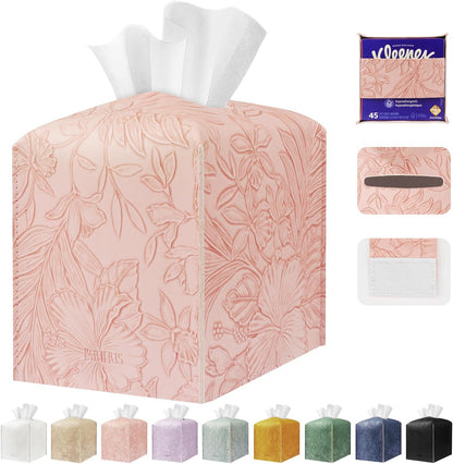 Tissue Box Holder Cover Square Tissue Cube Cover PU Leather Tissue Organizer with Bottom Belt for Bathroom, Tabletop, Kitchen, Night Stands, Office, Home, Car (1, RosyPink)