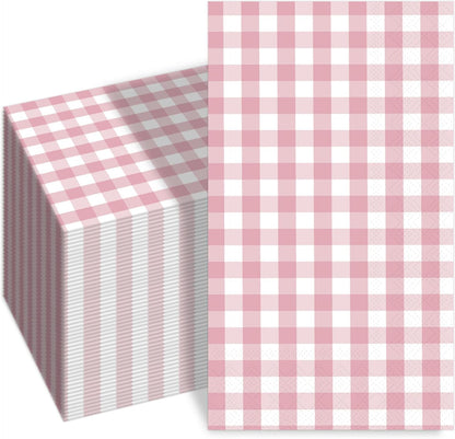 100 PCS Light Pink Gingham Napkins Disposable, 3 Ply Checkered Paper Napkins Pink Cocktail Napkins for Wedding Birthday Baby Shower Party Decoration