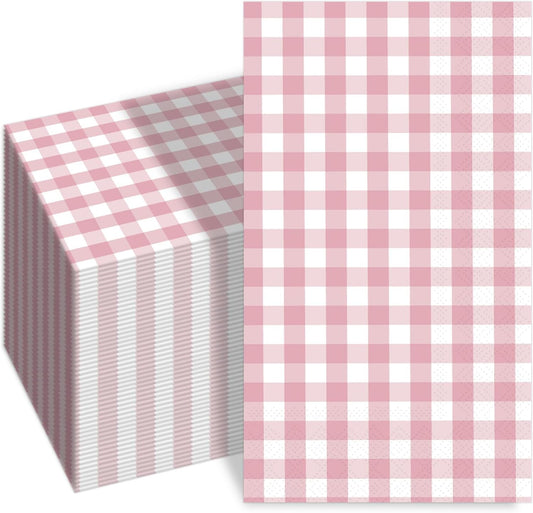 100 PCS Light Pink Gingham Napkins Disposable, 3 Ply Checkered Paper Napkins Pink Cocktail Napkins for Wedding Birthday Baby Shower Party Decoration
