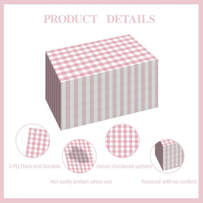 100 PCS Light Pink Gingham Napkins Disposable, 3 Ply Checkered Paper Napkins Pink Cocktail Napkins for Wedding Birthday Baby Shower Party Decoration