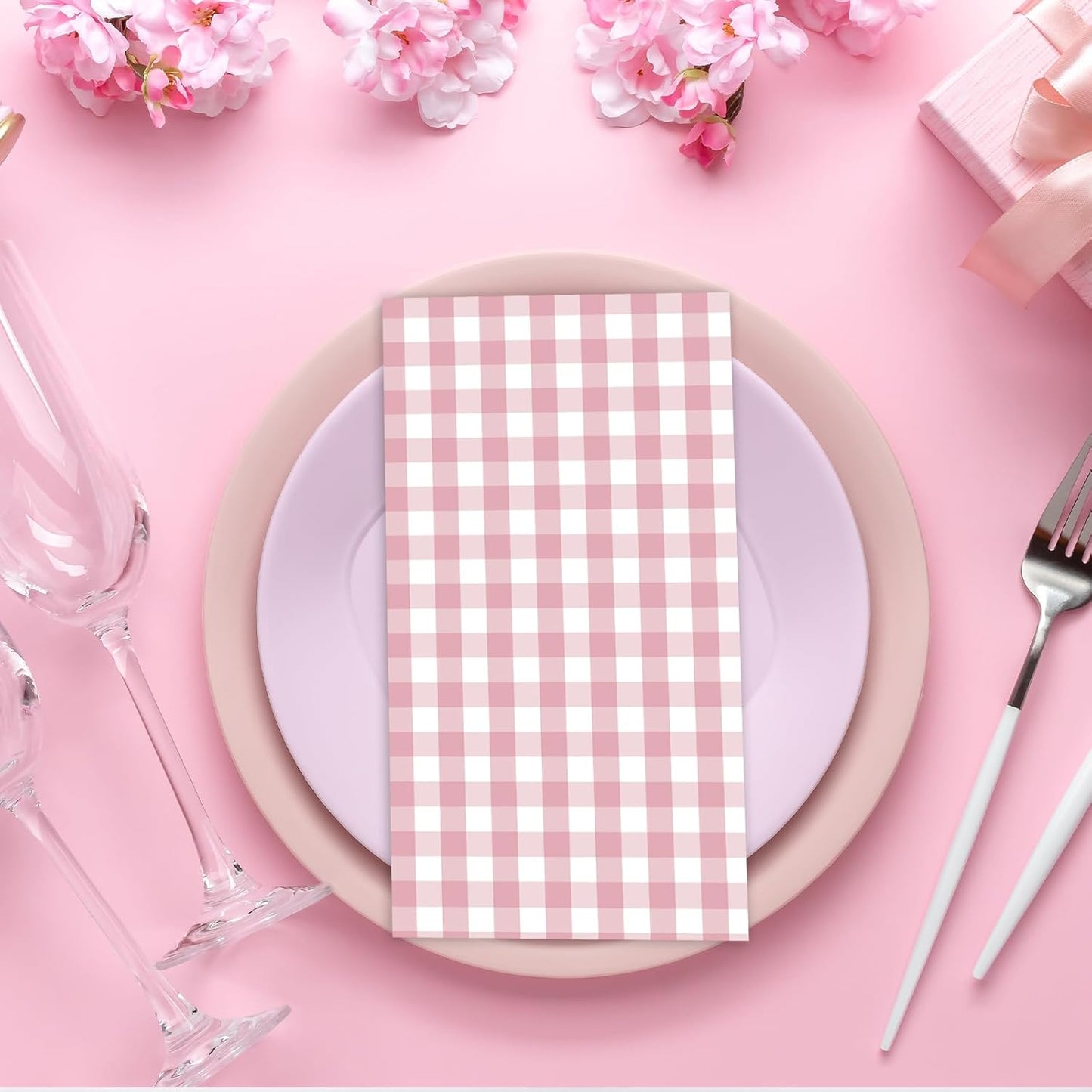 100 PCS Light Pink Gingham Napkins Disposable, 3 Ply Checkered Paper Napkins Pink Cocktail Napkins for Wedding Birthday Baby Shower Party Decoration