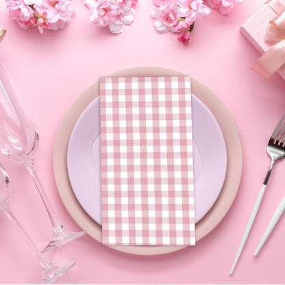 100 PCS Light Pink Gingham Napkins Disposable, 3 Ply Checkered Paper Napkins Pink Cocktail Napkins for Wedding Birthday Baby Shower Party Decoration