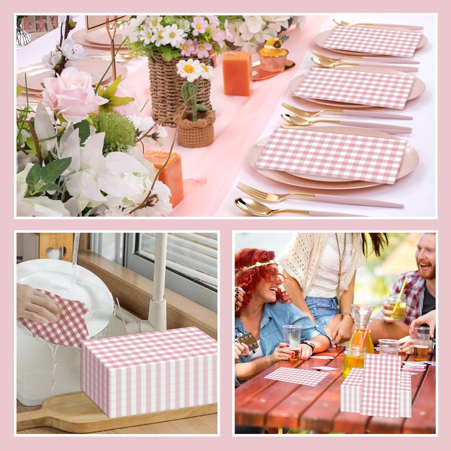 100 PCS Light Pink Gingham Napkins Disposable, 3 Ply Checkered Paper Napkins Pink Cocktail Napkins for Wedding Birthday Baby Shower Party Decoration
