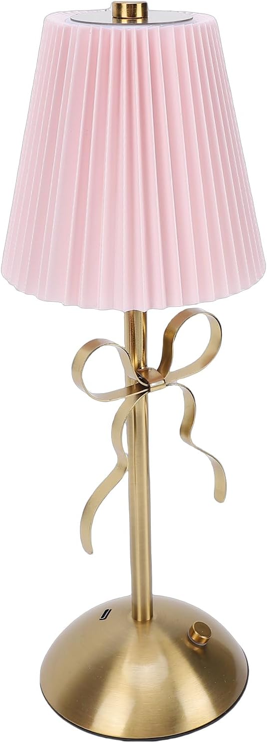 Cordless Table Lamp, 13 Inch Bow Table Lamp, Small Desk Lamp with Fabric Shade, Modern Decorative Bedside Light Small Princess Desk Lighting for Girls Room Princess Room Bedrooms