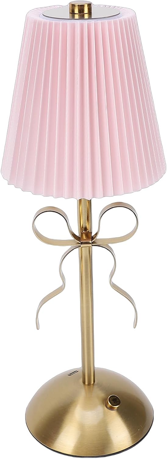 Cordless Table Lamp, 13 Inch Bow Table Lamp, Small Desk Lamp with Fabric Shade, Modern Decorative Bedside Light Small Princess Desk Lighting for Girls Room Princess Room Bedrooms