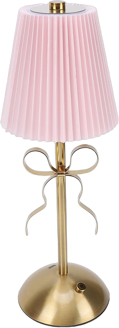 Cordless Table Lamp, 13 Inch Bow Table Lamp, Small Desk Lamp with Fabric Shade, Modern Decorative Bedside Light Small Princess Desk Lighting for Girls Room Princess Room Bedrooms