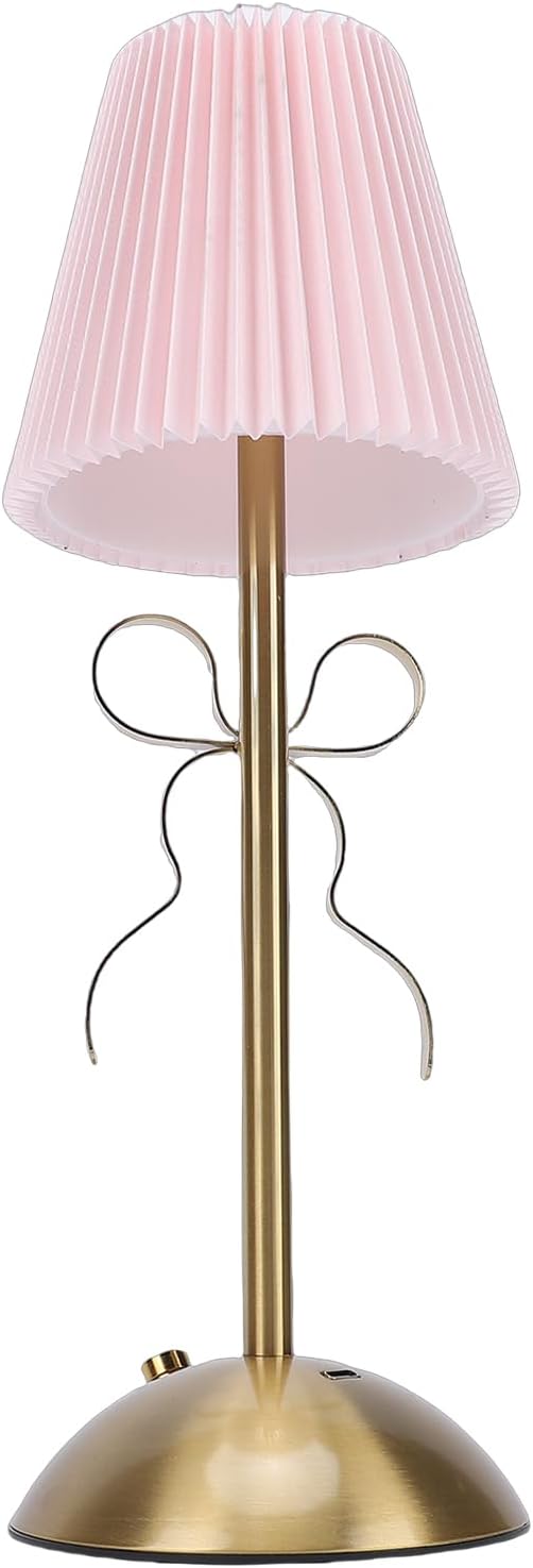Cordless Table Lamp, 13 Inch Bow Table Lamp, Small Desk Lamp with Fabric Shade, Modern Decorative Bedside Light Small Princess Desk Lighting for Girls Room Princess Room Bedrooms