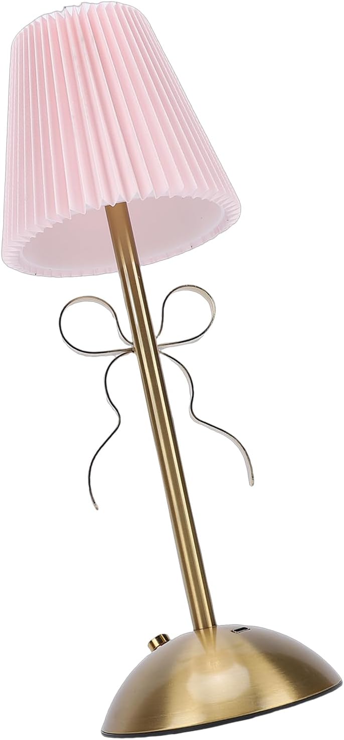 Cordless Table Lamp, 13 Inch Bow Table Lamp, Small Desk Lamp with Fabric Shade, Modern Decorative Bedside Light Small Princess Desk Lighting for Girls Room Princess Room Bedrooms