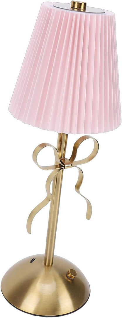 Cordless Table Lamp, 13 Inch Bow Table Lamp, Small Desk Lamp with Fabric Shade, Modern Decorative Bedside Light Small Princess Desk Lighting for Girls Room Princess Room Bedrooms