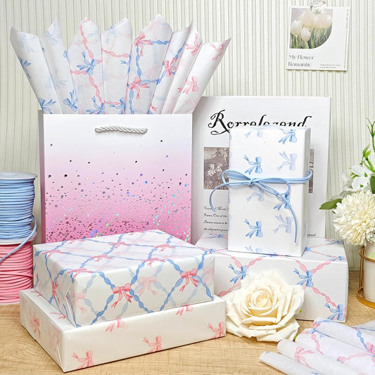 60 Sheets Gift Tissue Paper, Sweetheart Princess Bow Tissue Paper for Gift Bags Wrapping, Pastel Pink Blue Packaging Supplies for Girl's Birthday Baby Shower Wedding Decor Art Crafts,20x14in