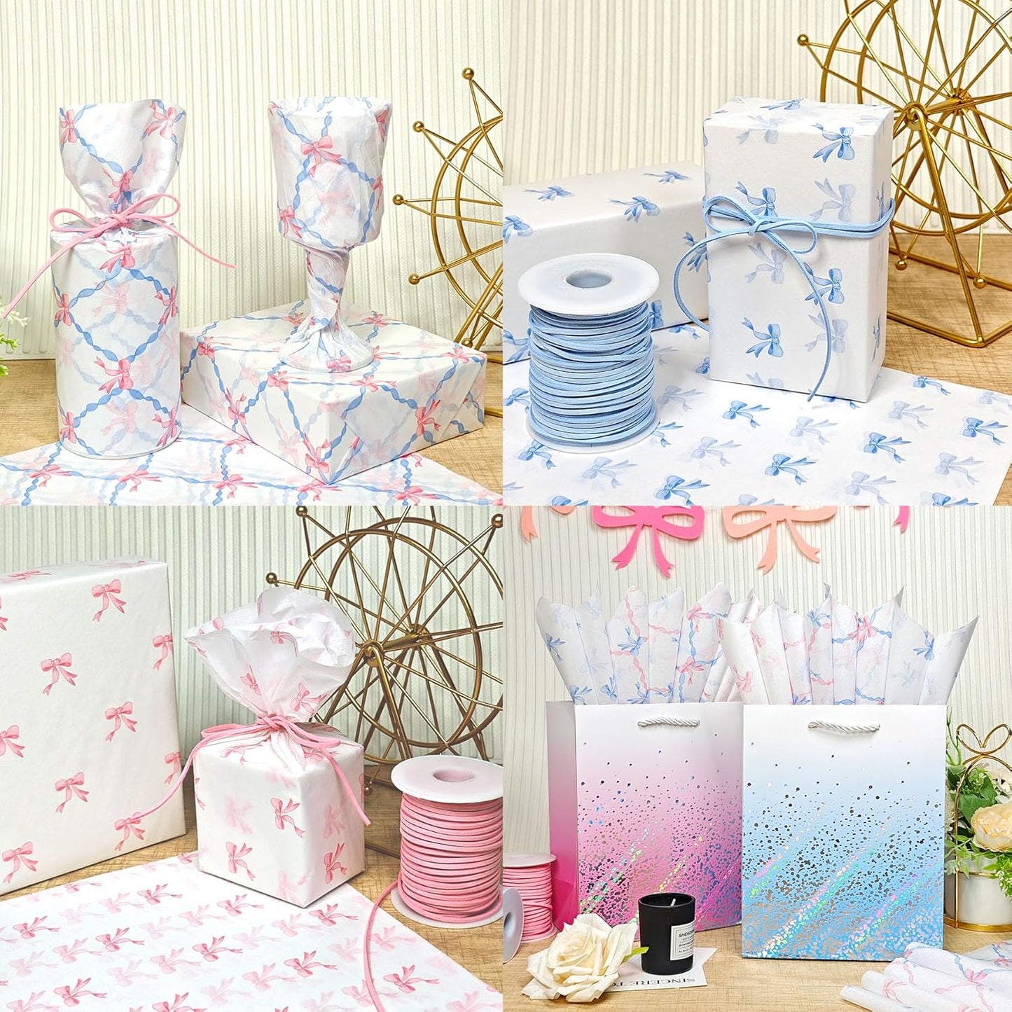 60 Sheets Gift Tissue Paper, Sweetheart Princess Bow Tissue Paper for Gift Bags Wrapping, Pastel Pink Blue Packaging Supplies for Girl's Birthday Baby Shower Wedding Decor Art Crafts,20x14in