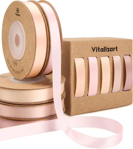 Ribbons for Crafts 3/8" x 50 Yd Satin Ribbon Double Face Gift Wrapping Silk Like Fabric Flower Bouquet Birthday Party Decorations Bridal Shower Wreath Hair Continuous Pink Nude Rose Tan
