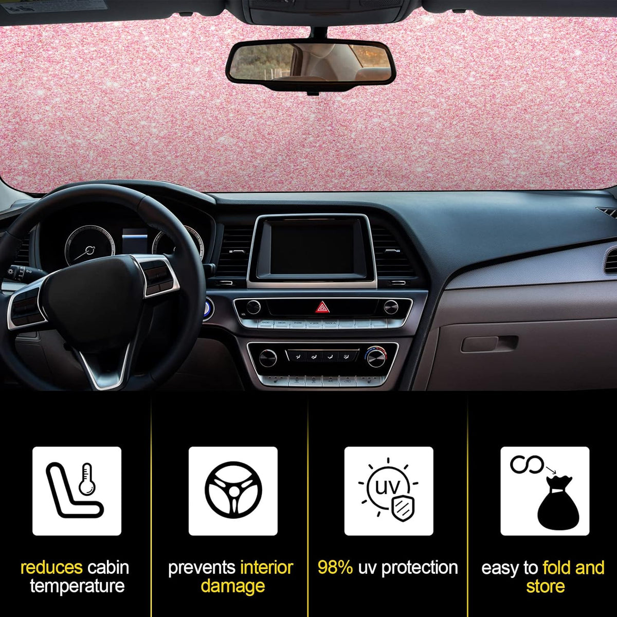 Windshield Sun Shade for Car Front Window Foldable UV Pink Sequins
