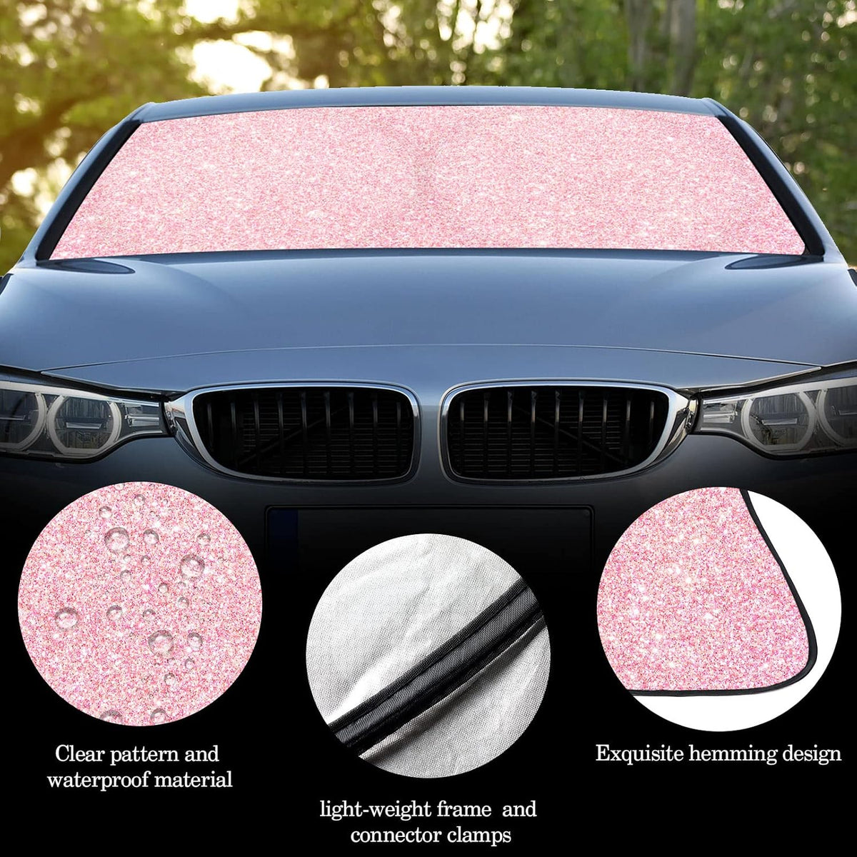 Windshield Sun Shade for Car Front Window Foldable UV Pink Sequins
