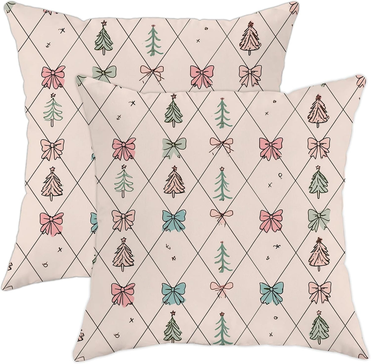 Christmas Tree Throw Pillow Covers Set of 2, Festive Fanciful Bow Diamond Xmas Peach Soft Velvet Washable Couch Pillow Covers for Living Room Bedroom Loft Office Car Decor 12x12 Inch