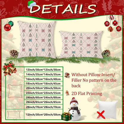 Christmas Tree Throw Pillow Covers Set of 2, Festive Fanciful Bow Diamond Xmas Peach Soft Velvet Washable Couch Pillow Covers for Living Room Bedroom Loft Office Car Decor 12x12 Inch