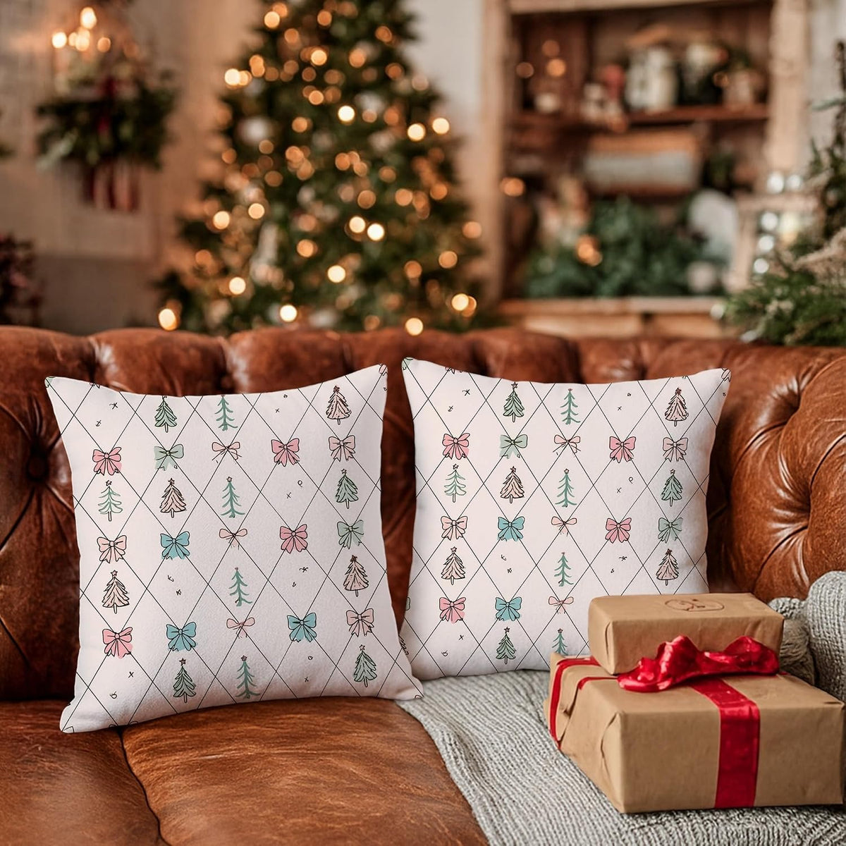 Christmas Tree Throw Pillow Covers Set of 2, Festive Fanciful Bow Diamond Xmas Peach Soft Velvet Washable Couch Pillow Covers for Living Room Bedroom Loft Office Car Decor 12x12 Inch