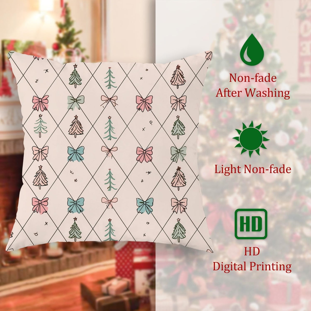 Christmas Tree Throw Pillow Covers Set of 2, Festive Fanciful Bow Diamond Xmas Peach Soft Velvet Washable Couch Pillow Covers for Living Room Bedroom Loft Office Car Decor 12x12 Inch