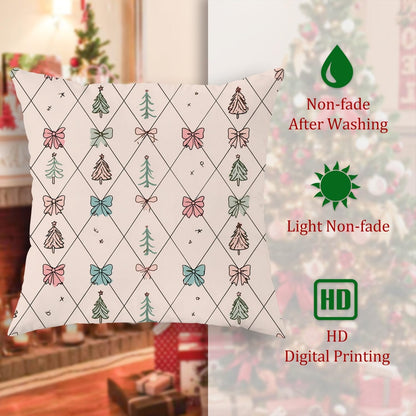 Christmas Tree Throw Pillow Covers Set of 2, Festive Fanciful Bow Diamond Xmas Peach Soft Velvet Washable Couch Pillow Covers for Living Room Bedroom Loft Office Car Decor 12x12 Inch