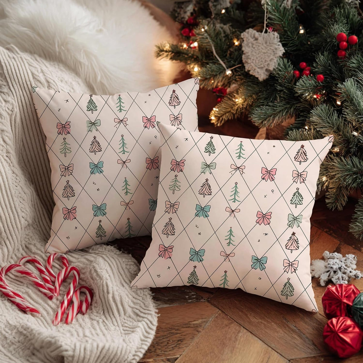 Christmas Tree Throw Pillow Covers Set of 2, Festive Fanciful Bow Diamond Xmas Peach Soft Velvet Washable Couch Pillow Covers for Living Room Bedroom Loft Office Car Decor 12x12 Inch