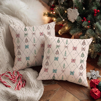 Christmas Tree Throw Pillow Covers Set of 2, Festive Fanciful Bow Diamond Xmas Peach Soft Velvet Washable Couch Pillow Covers for Living Room Bedroom Loft Office Car Decor 12x12 Inch