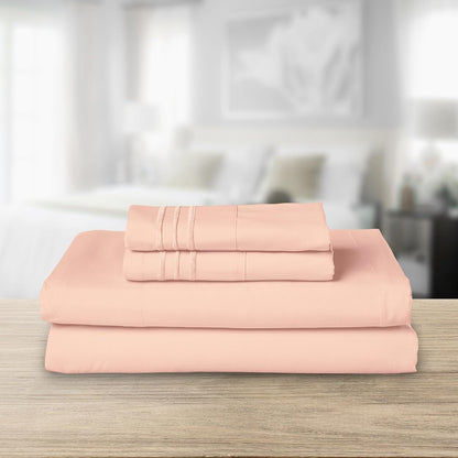 Luxurious 1500 Premium Hotel Quality Microfiber Three Line Embroidered Softest 4-Piece Bed Sheet Set, Wrinkle and Fade Resistant, Queen, Blush Pink