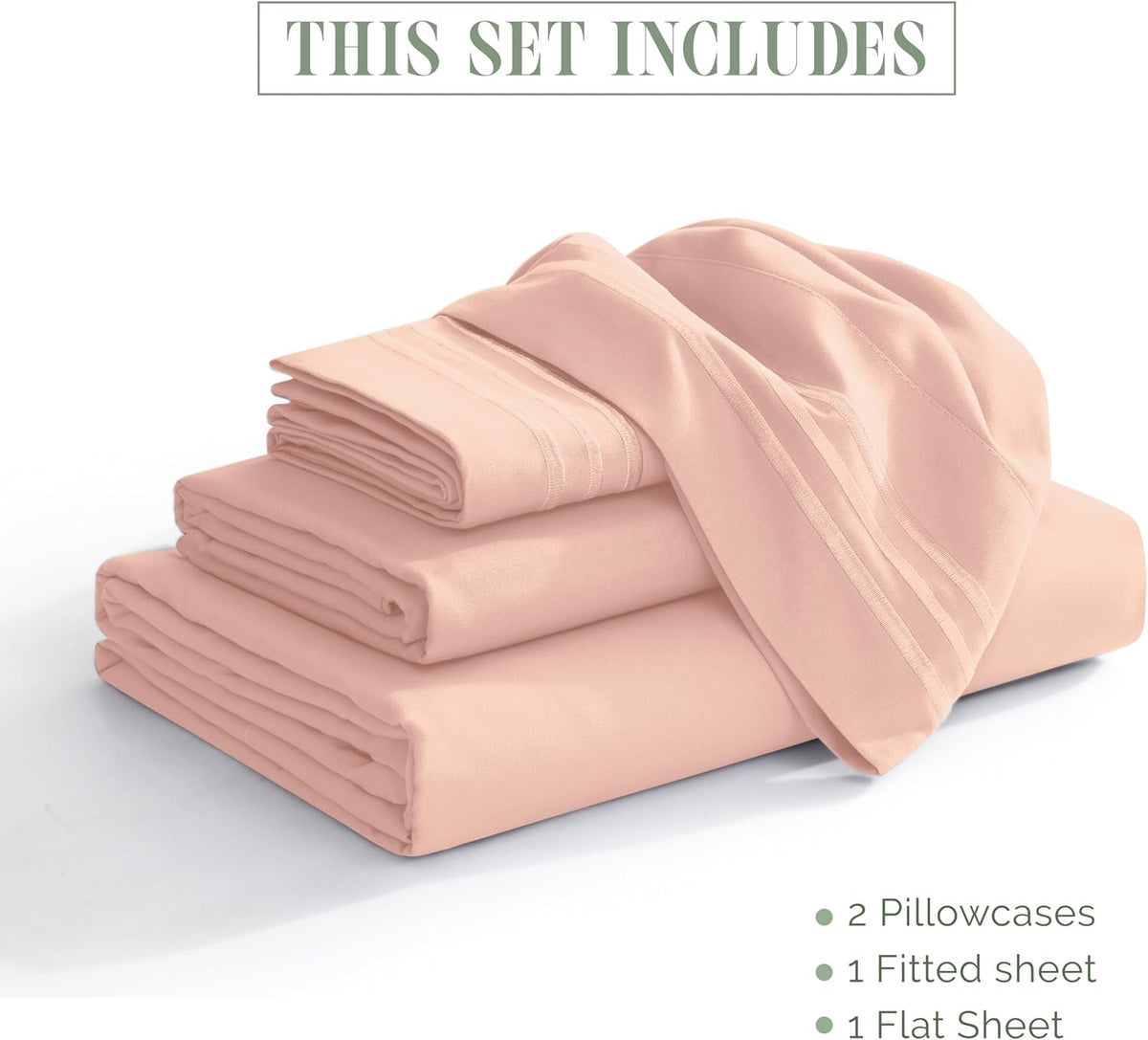 Luxurious 1500 Premium Hotel Quality Microfiber Three Line Embroidered Softest 4-Piece Bed Sheet Set, Wrinkle and Fade Resistant, Queen, Blush Pink
