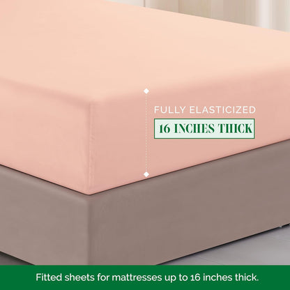 Luxurious 1500 Premium Hotel Quality Microfiber Three Line Embroidered Softest 4-Piece Bed Sheet Set, Wrinkle and Fade Resistant, Queen, Blush Pink