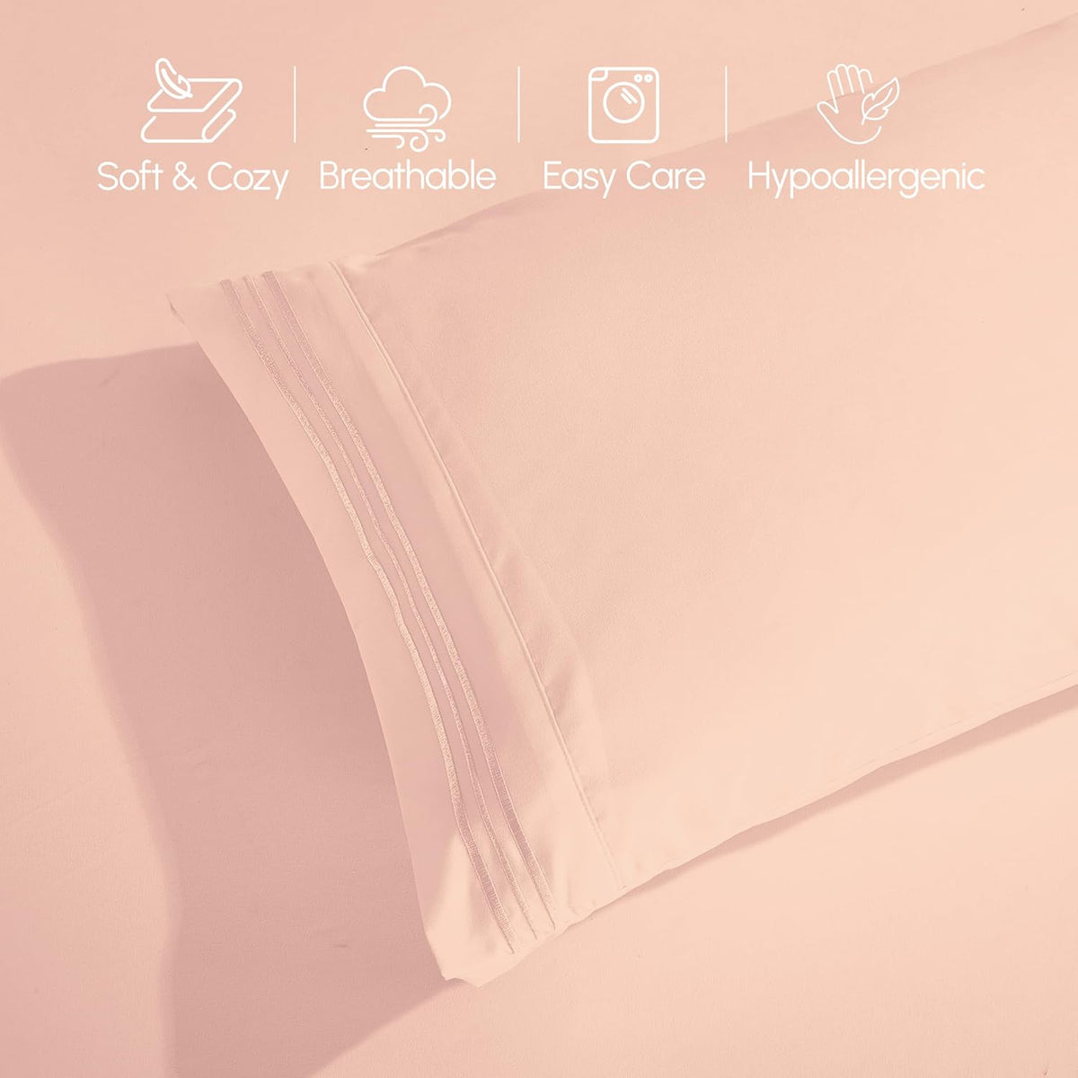 Luxurious 1500 Premium Hotel Quality Microfiber Three Line Embroidered Softest 4-Piece Bed Sheet Set, Wrinkle and Fade Resistant, Queen, Blush Pink