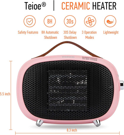 Mini Electric Ceramic Space Heater 800W/400W, Small, PTC with Tip-Over and Overheat Protection, 3 Operating Modes for Office, Bedroom and Under Desk (PINK)