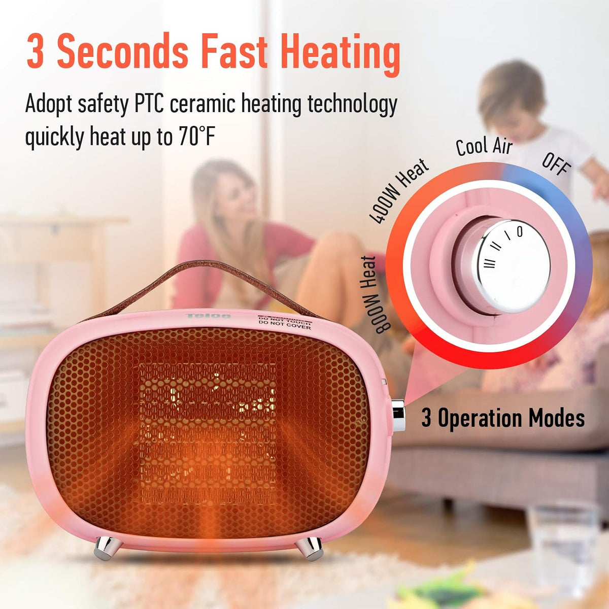 Mini Electric Ceramic Space Heater 800W/400W, Small, PTC with Tip-Over and Overheat Protection, 3 Operating Modes for Office, Bedroom and Under Desk (PINK)
