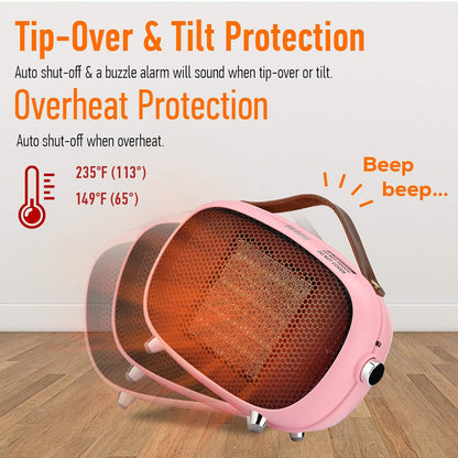 Mini Electric Ceramic Space Heater 800W/400W, Small, PTC with Tip-Over and Overheat Protection, 3 Operating Modes for Office, Bedroom and Under Desk (PINK)