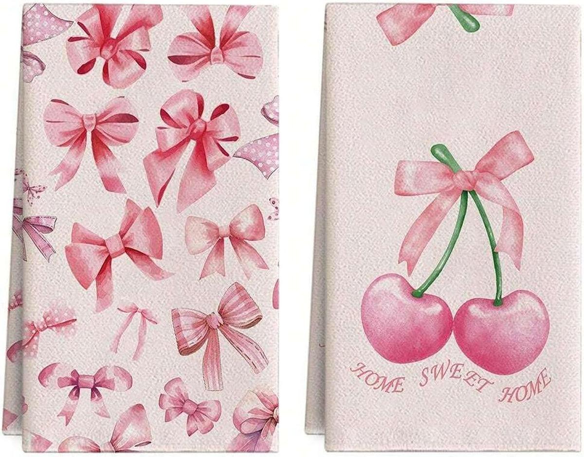 Bow & Cherry Pink 24 * 16 inch Microfiber Kitchen Towels, 2 Pack,Reusable Paper Tea Rags Hand Wash Cloths Dish Cleaning Towels for Kitchen Essentials Accesorios and Dishcloths Sets Rags