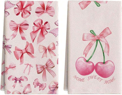 Bow & Cherry Pink 24 * 16 inch Microfiber Kitchen Towels, 2 Pack,Reusable Paper Tea Rags Hand Wash Cloths Dish Cleaning Towels for Kitchen Essentials Accesorios and Dishcloths Sets Rags