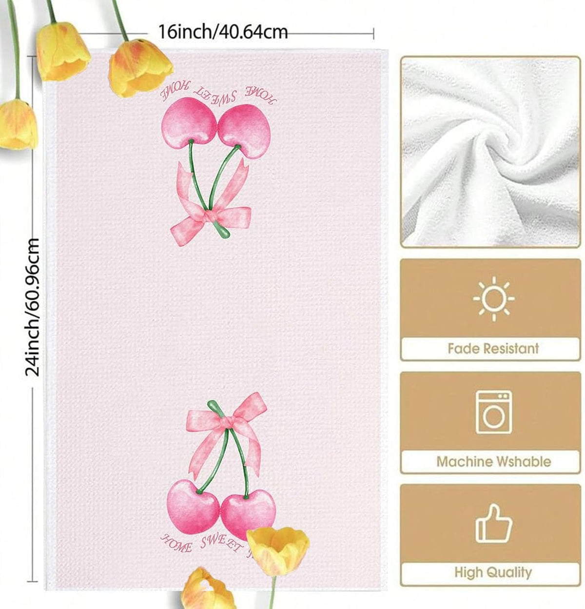 Bow & Cherry Pink 24 * 16 inch Microfiber Kitchen Towels, 2 Pack,Reusable Paper Tea Rags Hand Wash Cloths Dish Cleaning Towels for Kitchen Essentials Accesorios and Dishcloths Sets Rags