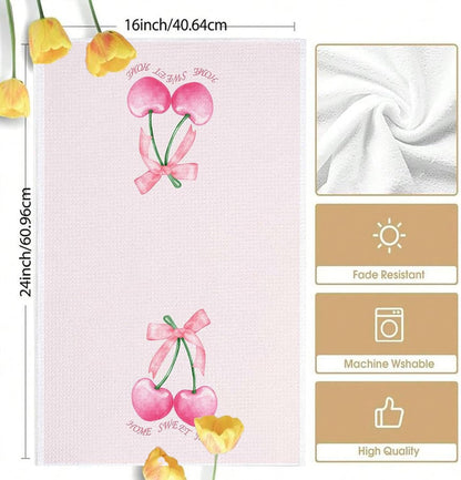 Bow & Cherry Pink 24 * 16 inch Microfiber Kitchen Towels, 2 Pack,Reusable Paper Tea Rags Hand Wash Cloths Dish Cleaning Towels for Kitchen Essentials Accesorios and Dishcloths Sets Rags