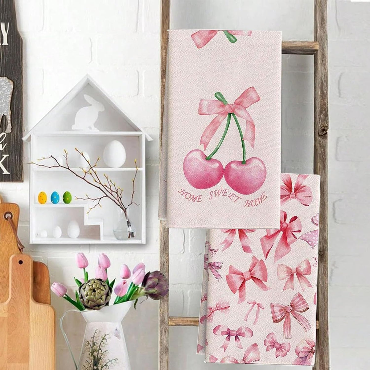 Bow & Cherry Pink 24 * 16 inch Microfiber Kitchen Towels, 2 Pack,Reusable Paper Tea Rags Hand Wash Cloths Dish Cleaning Towels for Kitchen Essentials Accesorios and Dishcloths Sets Rags