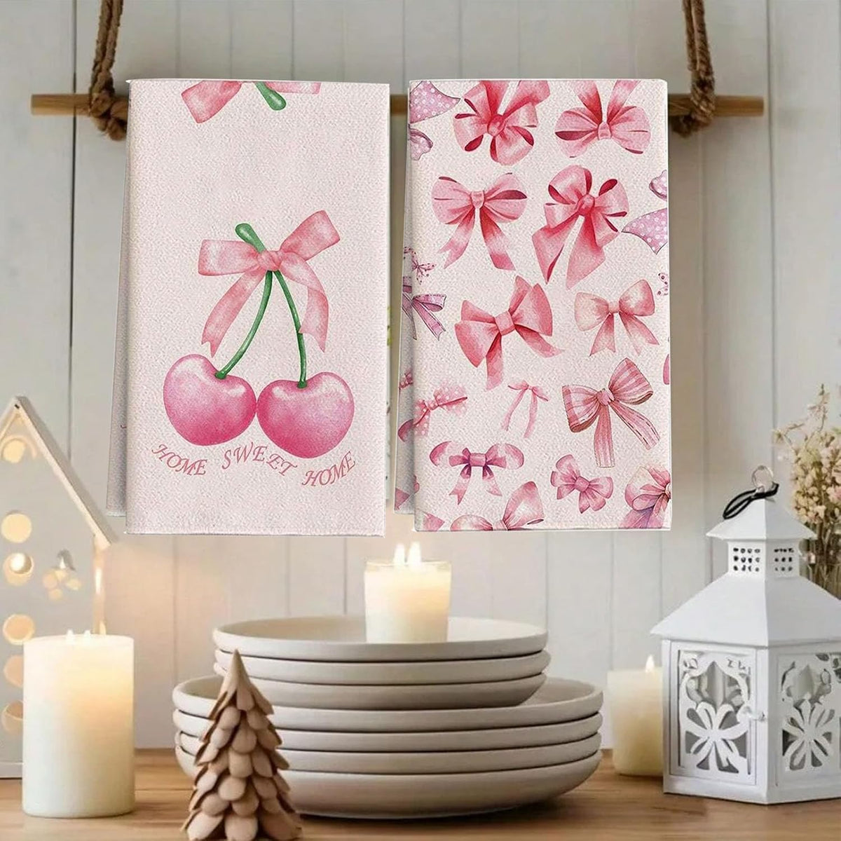 Bow & Cherry Pink 24 * 16 inch Microfiber Kitchen Towels, 2 Pack,Reusable Paper Tea Rags Hand Wash Cloths Dish Cleaning Towels for Kitchen Essentials Accesorios and Dishcloths Sets Rags