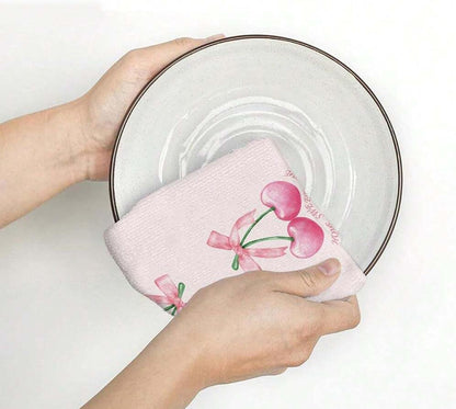Bow & Cherry Pink 24 * 16 inch Microfiber Kitchen Towels, 2 Pack,Reusable Paper Tea Rags Hand Wash Cloths Dish Cleaning Towels for Kitchen Essentials Accesorios and Dishcloths Sets Rags