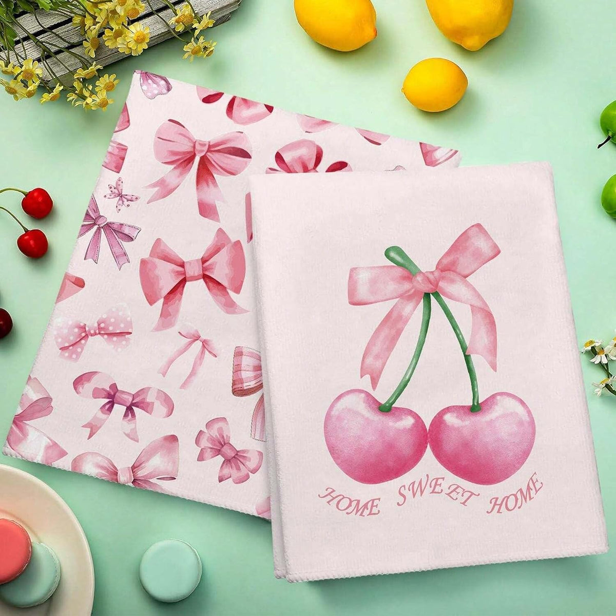 Bow & Cherry Pink 24 * 16 inch Microfiber Kitchen Towels, 2 Pack,Reusable Paper Tea Rags Hand Wash Cloths Dish Cleaning Towels for Kitchen Essentials Accesorios and Dishcloths Sets Rags