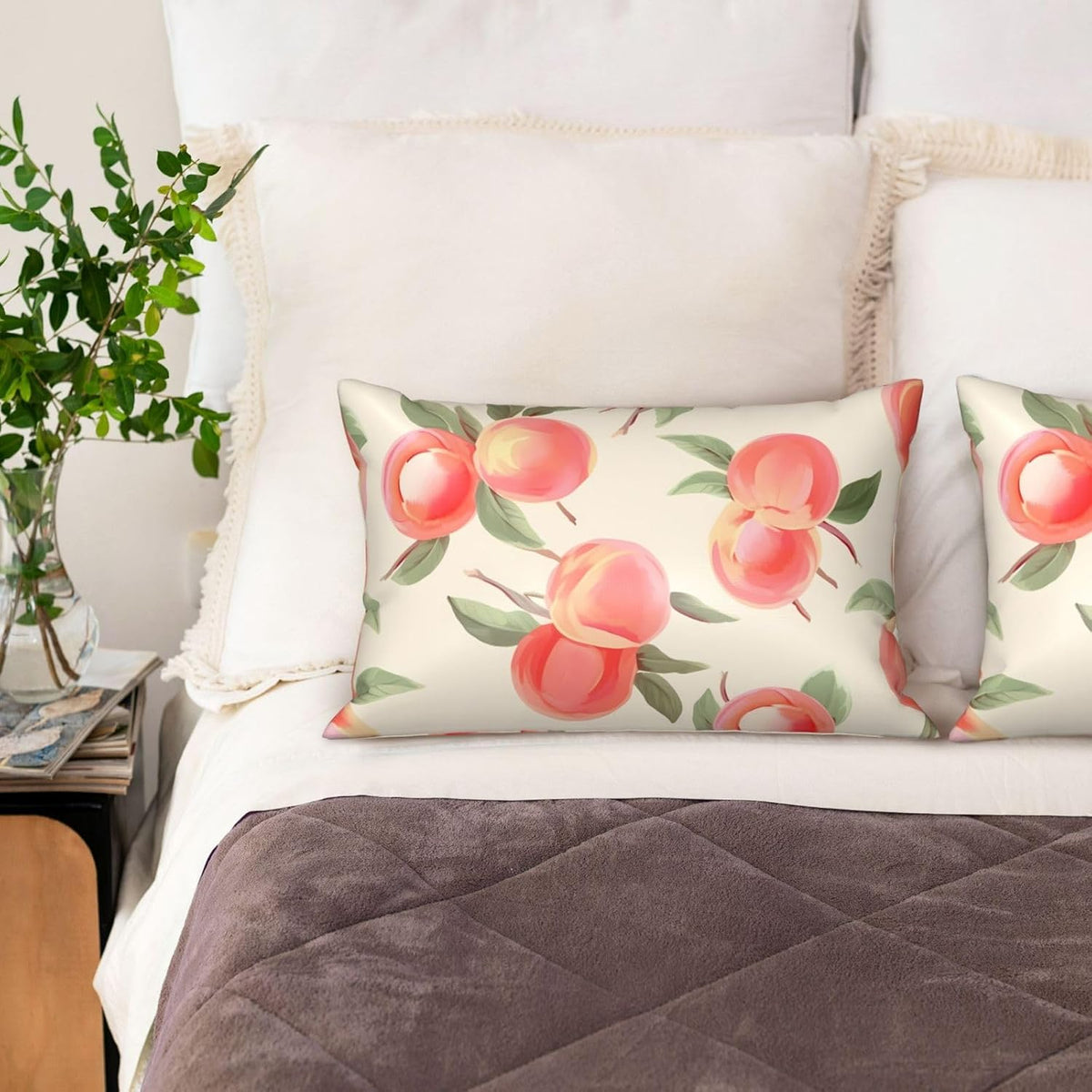 Satin Pillowcase for Hair and Skin, Pink Peach Pattern Pillow Cover Queen Size 20x30 Inch Soft Smooth Breathable Cooling Silky Pillow Cases with Hidden Zipper, Gifts for Women Men