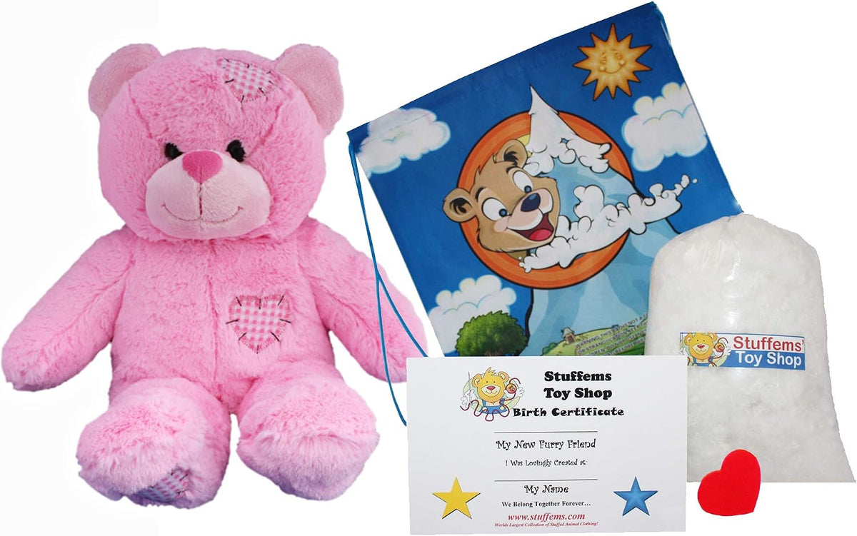 Make Your Own Stuffed Animal 16" "Pink Patches Bear - No Sew - Kit with Cute Backpack!